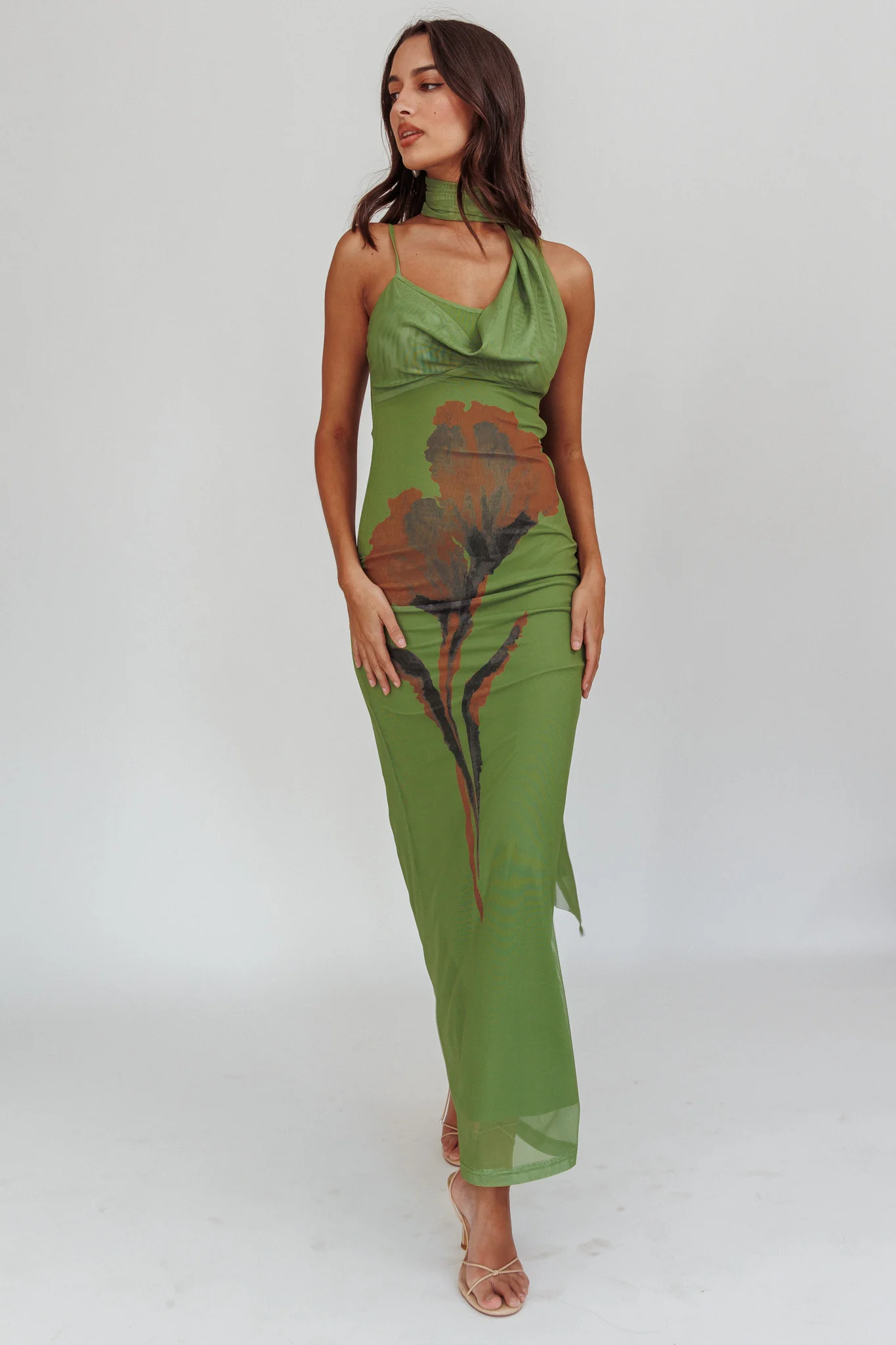 No Surprises Scarfed Floral Maxi Dress Green - Sonourner