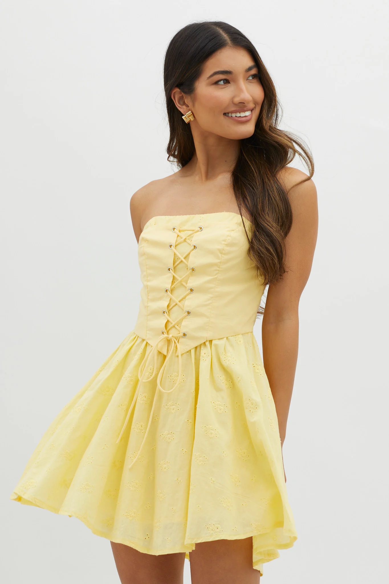 Mon Petit Lace-Up Bodice Mini Dress Yellow - Sonourner