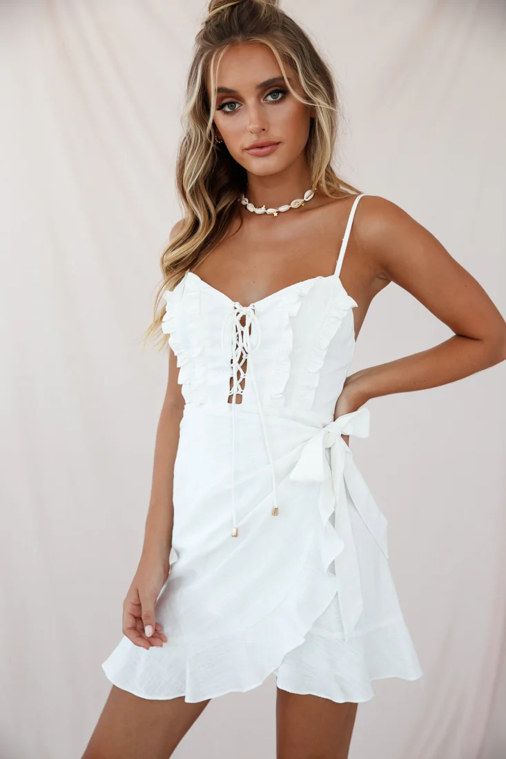 Come Hither Wrap Front Lace-Up Bust Dress White - Sonourner