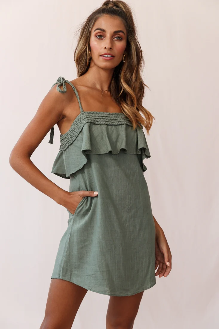 West Braid Detail Ruffle Bust Dress Olive - Sonourner