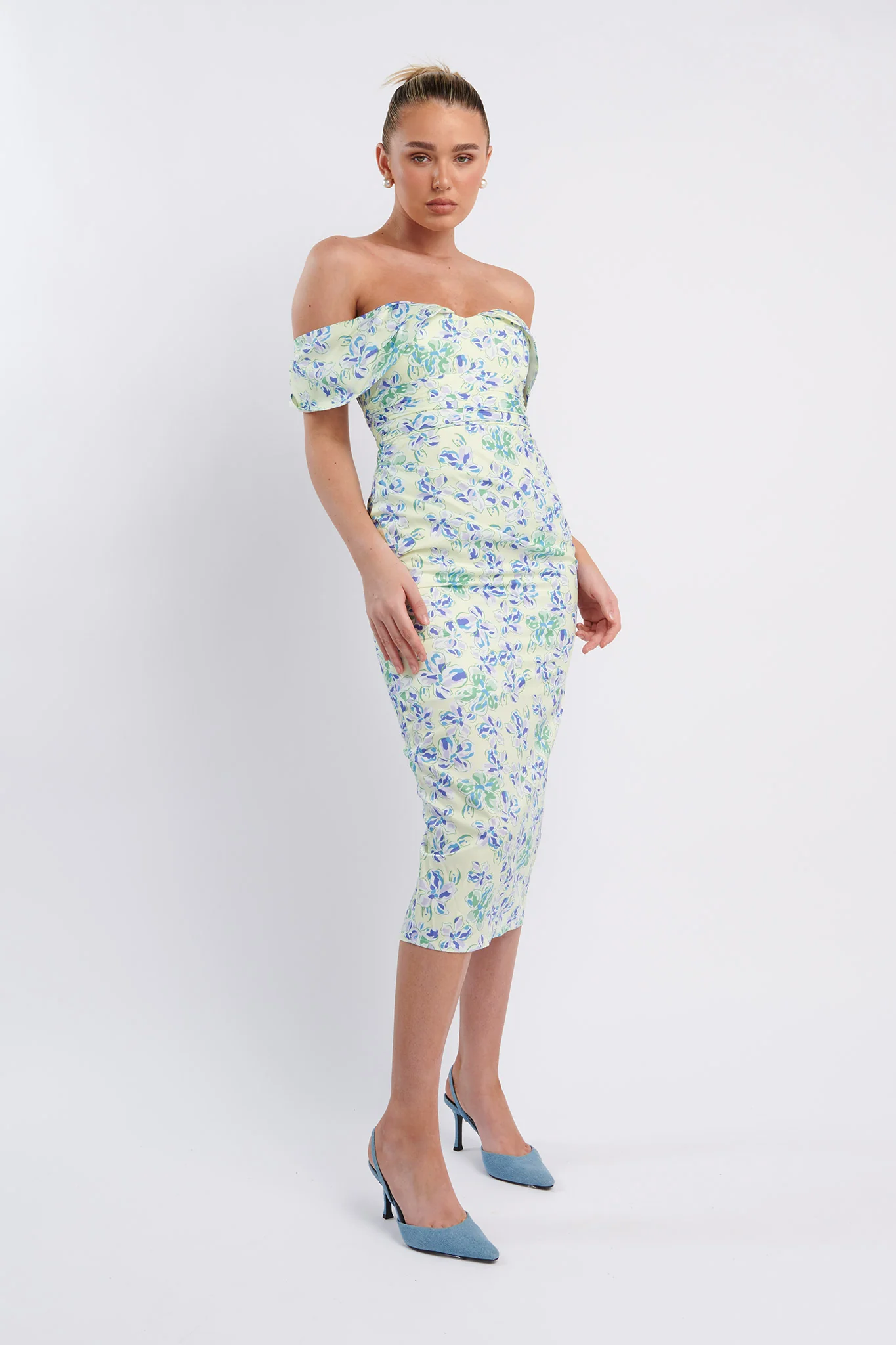 Lillianne Off-Shoulder Midi Dress Floral Blue - Sonourner