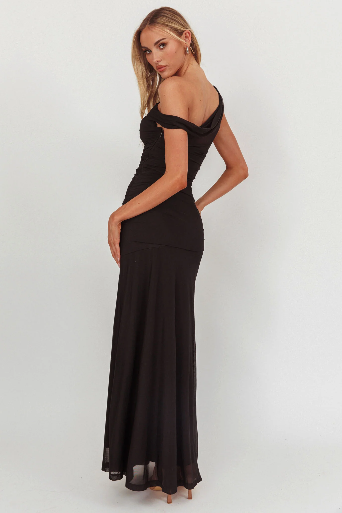 Lylah Asymmetric Neckline Mesh Maxi Dress Black - Sonourner