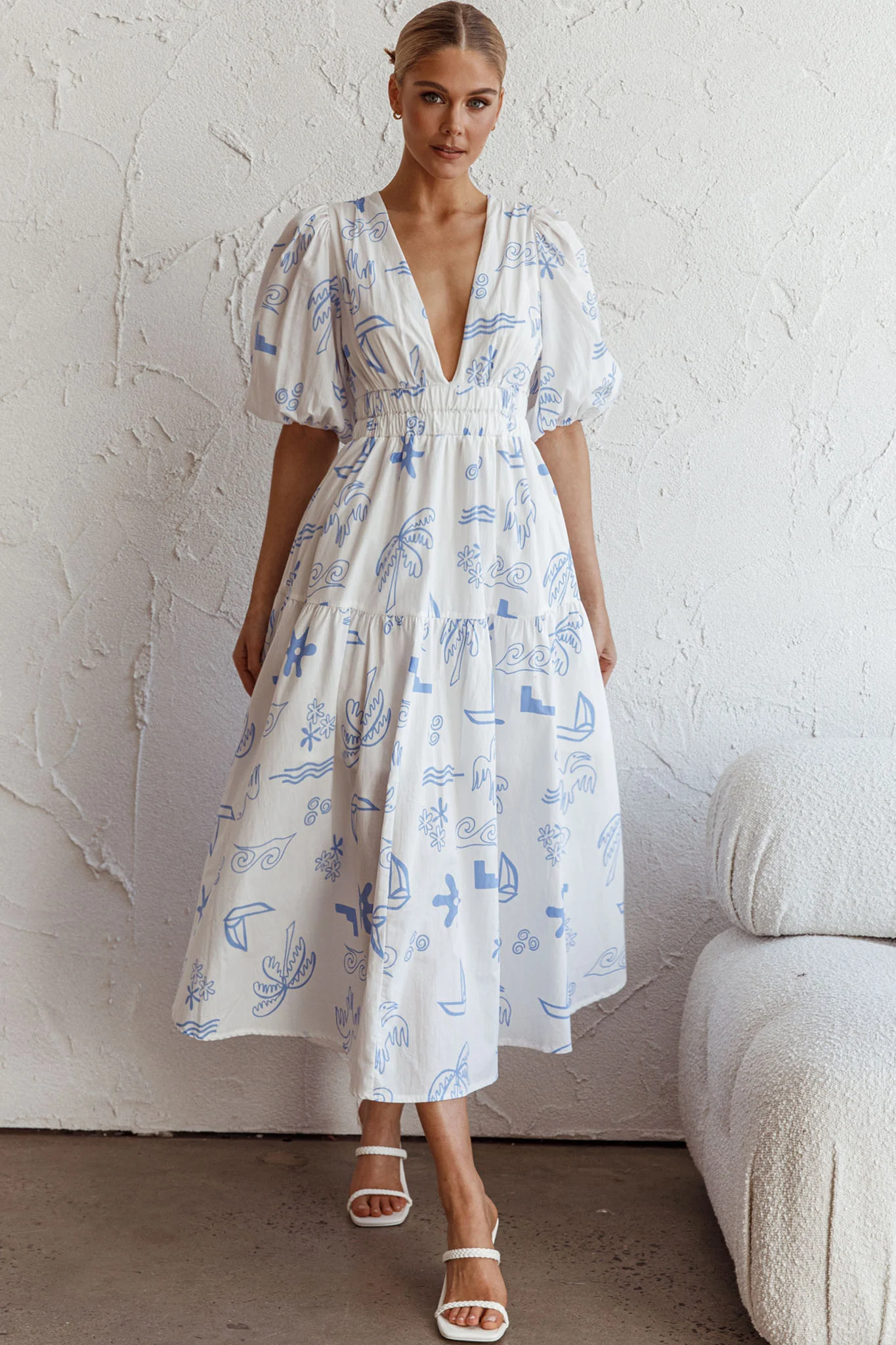 Summer Land V-Neckline Midi Dress Printed White - Sonourner