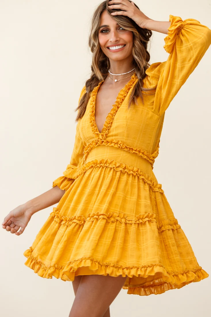 Laney Cutout Back Balloon Sleeve Dress Mustard - Sonourner
