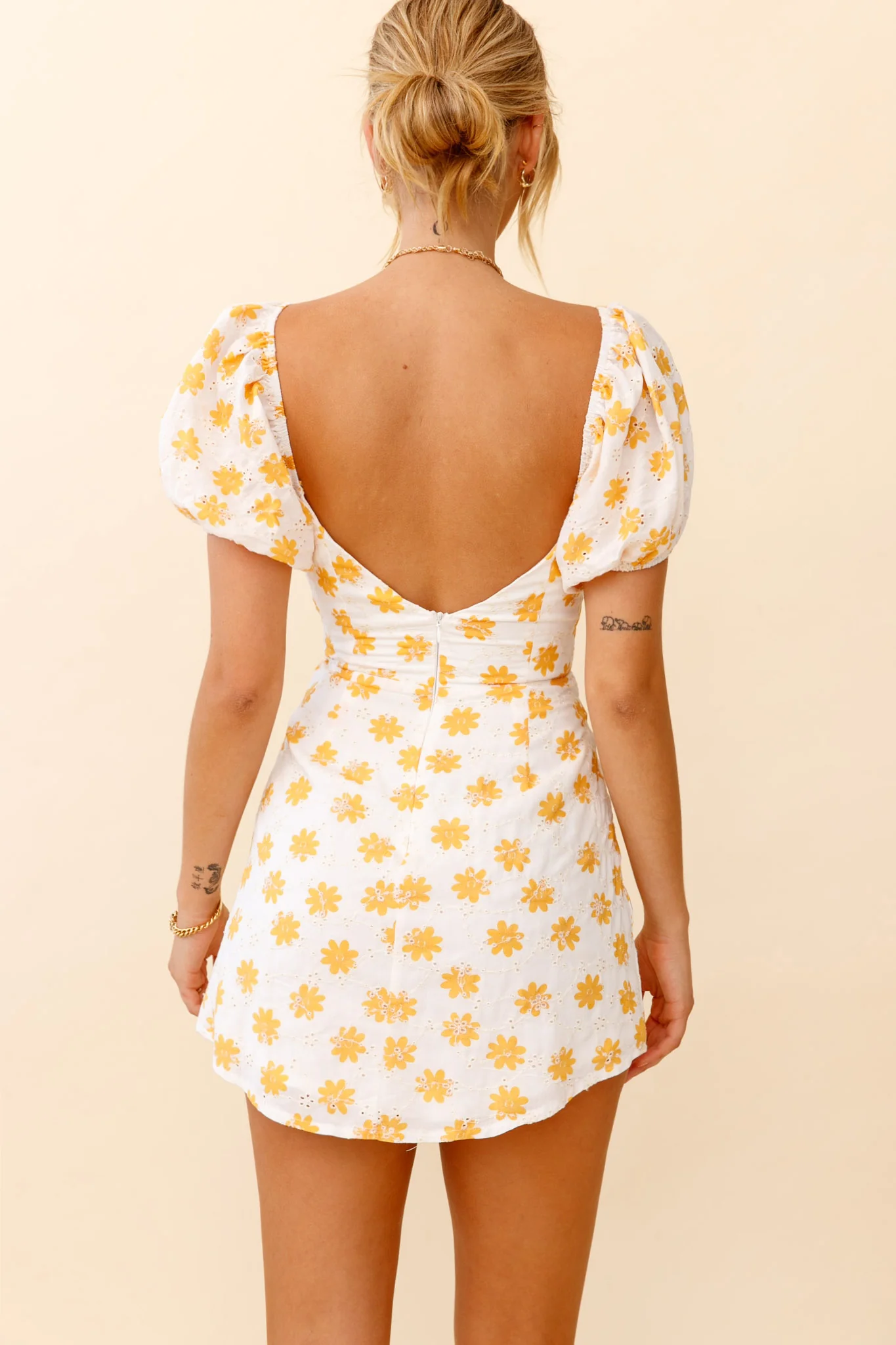 Sunshine Day Puff Sleeve Cutout Bust Dress Floral Print White/Yellow - Sonourner