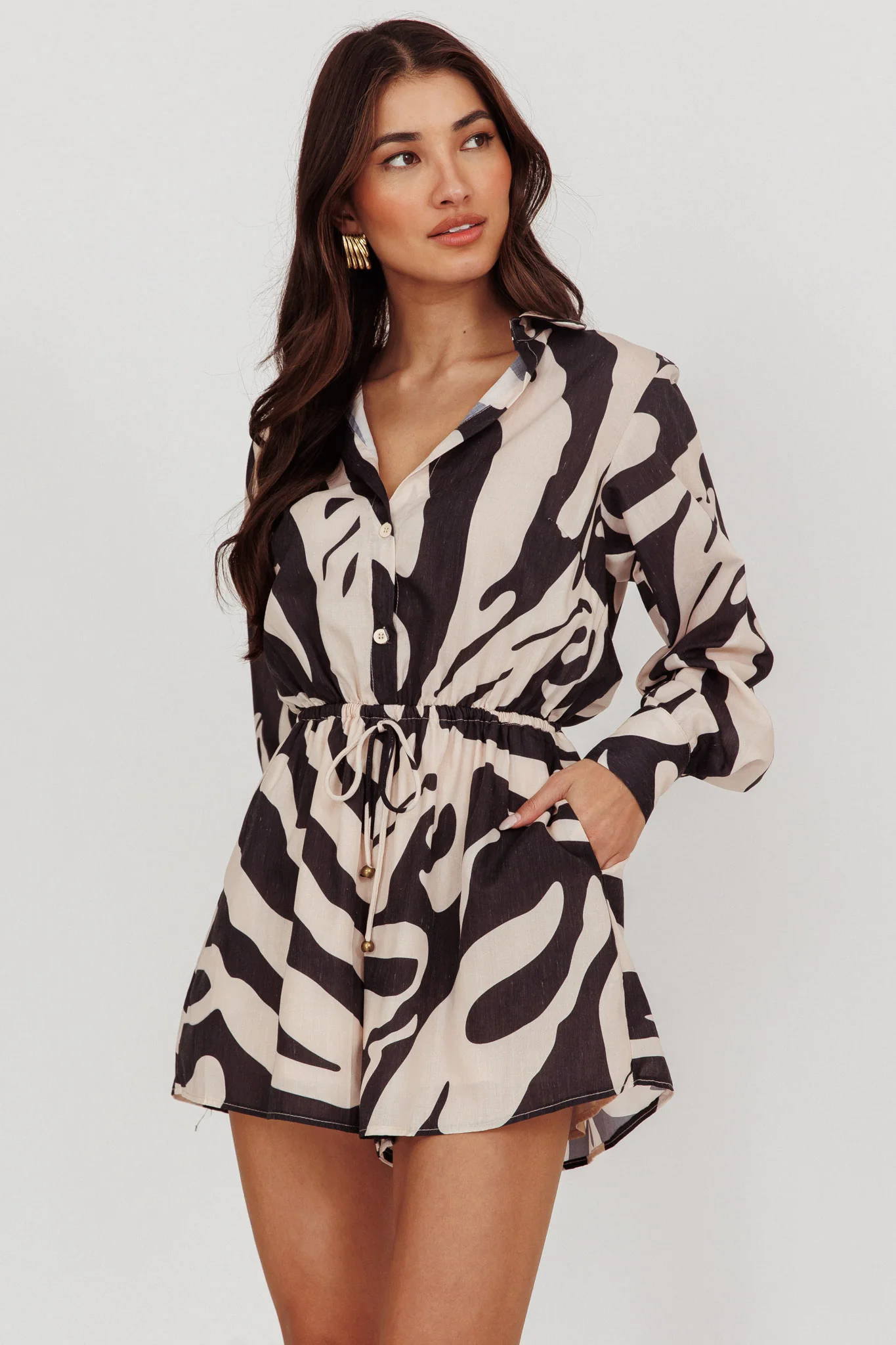 Tiki Long Sleeve Romper Print Beige - Sonourner