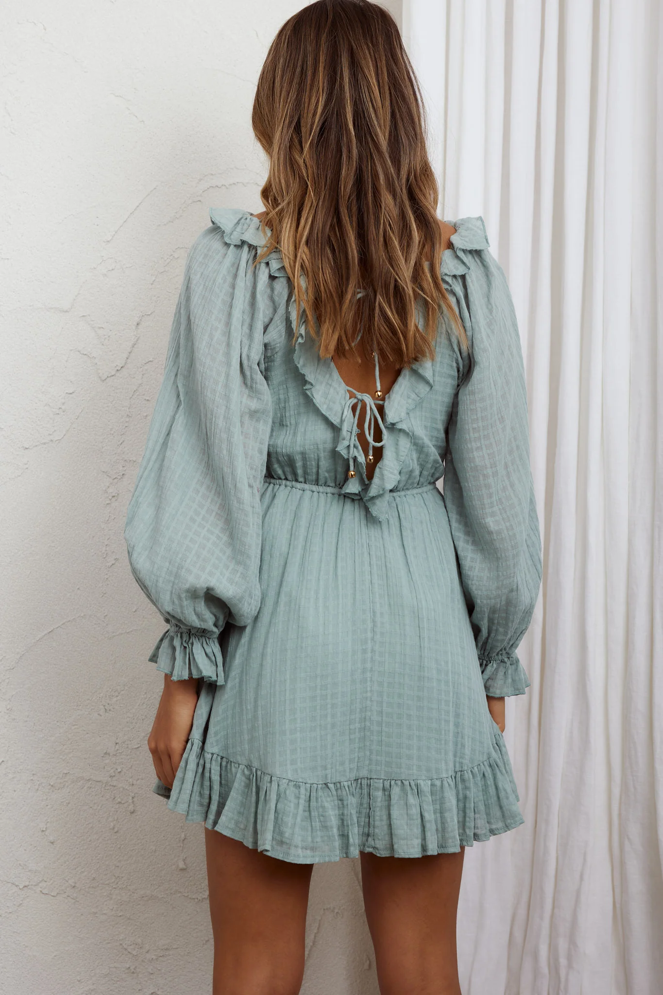 Hooked On A Feeling Long Sleeve String Tie Back Mini Dress Sage - Sonourner