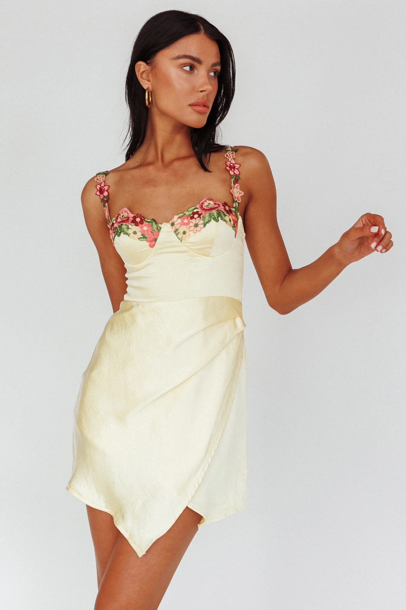 Rose Garden Floral Applique Wrap Mini Dress Lemon - Sonourner