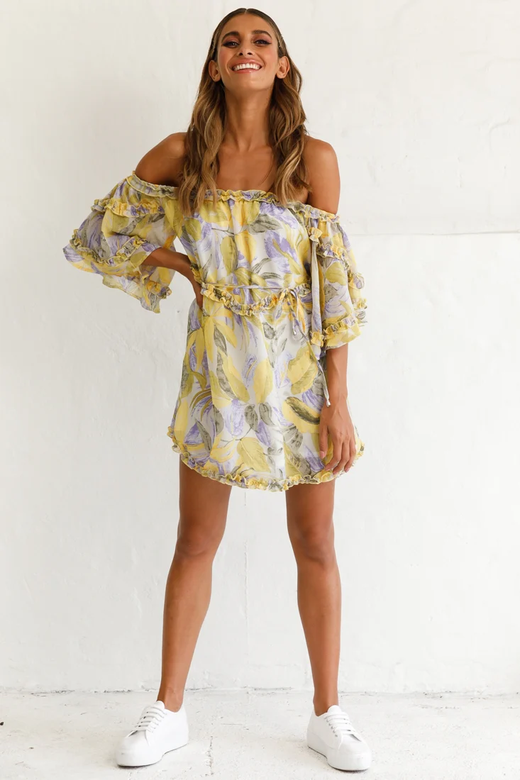 Adriel Off-Shoulder Frill Detail Dress Leaf Print White/Yellow - Sonourner