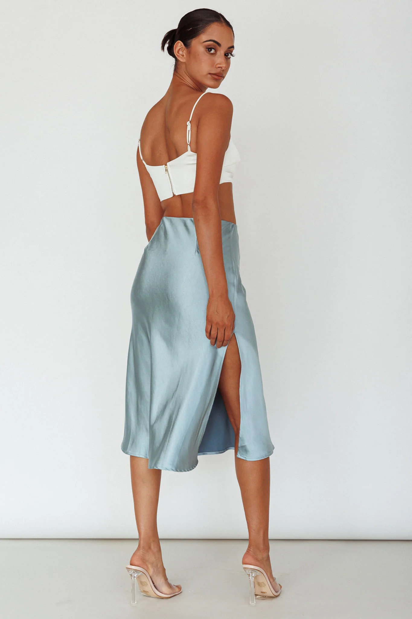 Daze Satin Midi Skirt Light Blue - Sonourner