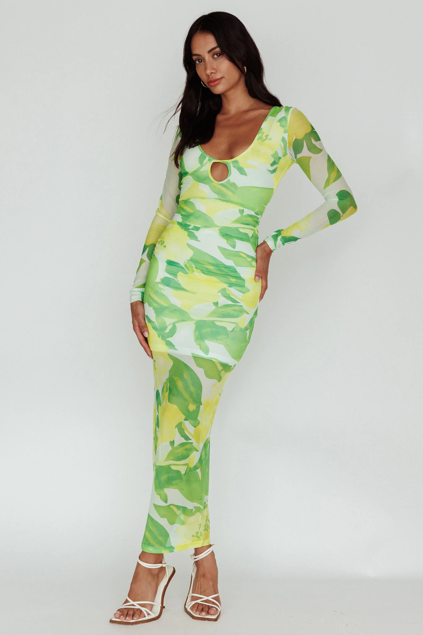 Chardae Long Sleeve Mesh Midi Dress Floral Green - Sonourner