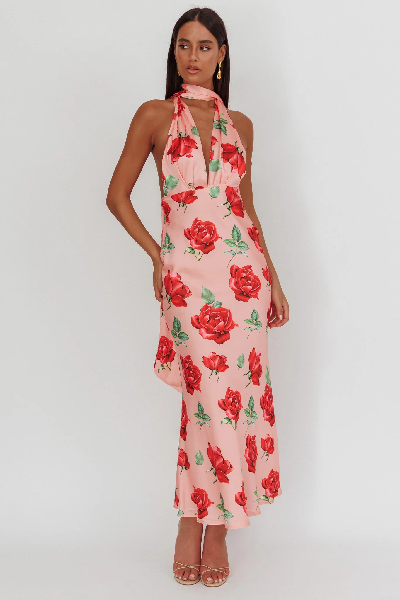 Italia Azure Halterneck Maxi Dress Rose - Sonourner