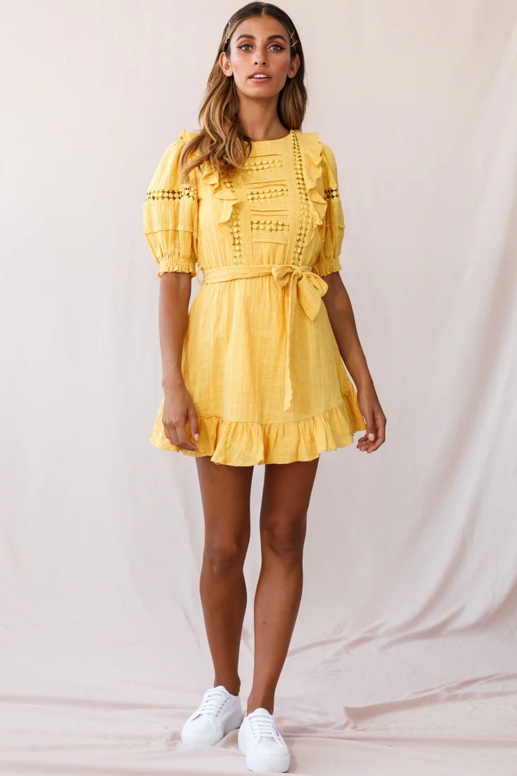 Delia Puff Sleeve Crochet Detail Dress Mustard - Sonourner