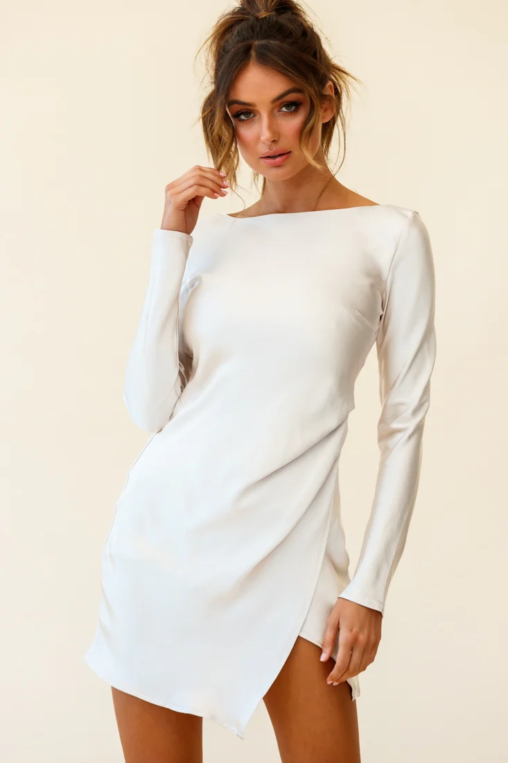 Thank Me Later Long Sleeve Open Back Dress Champagne - Sonourner