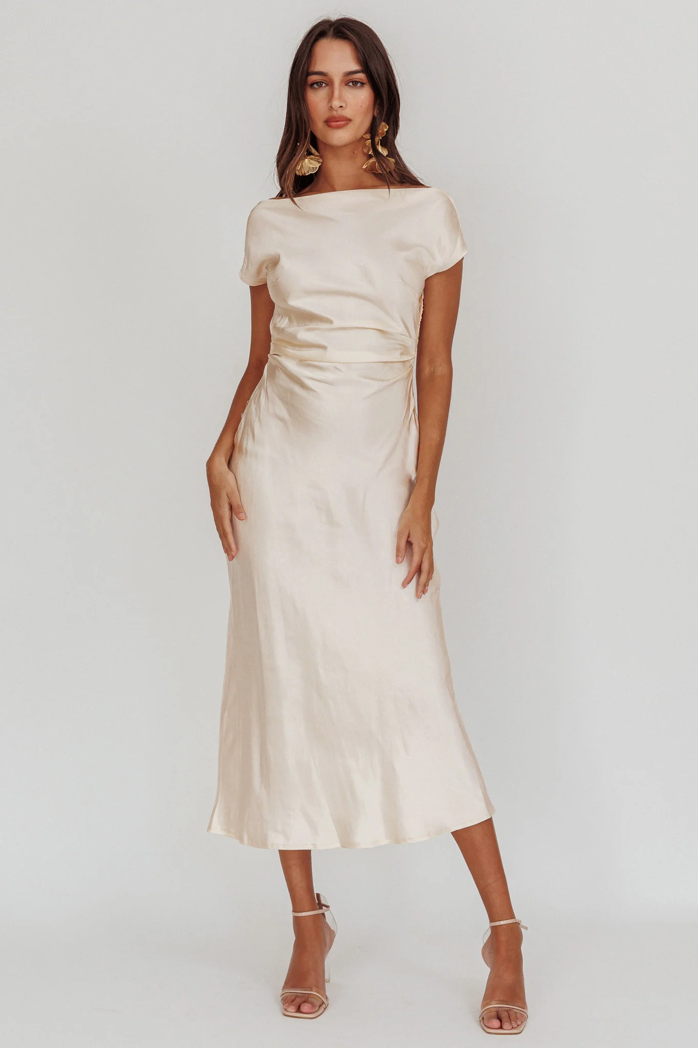 Loveland Cap Sleeve Cowl Back Midi Dress Oyster - Sonourner