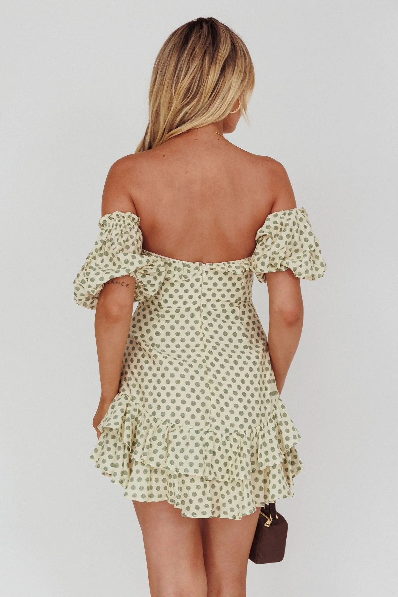 Homecoming Queen Sweetheart Neckline Puff Sleeve Dress Polka Dot Green - Sonourner