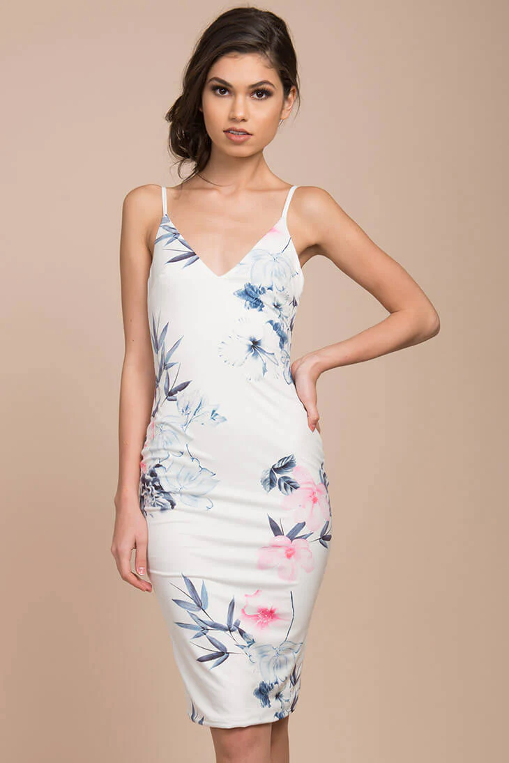Angeline Floral Print Bodycon Dress White - Sonourner