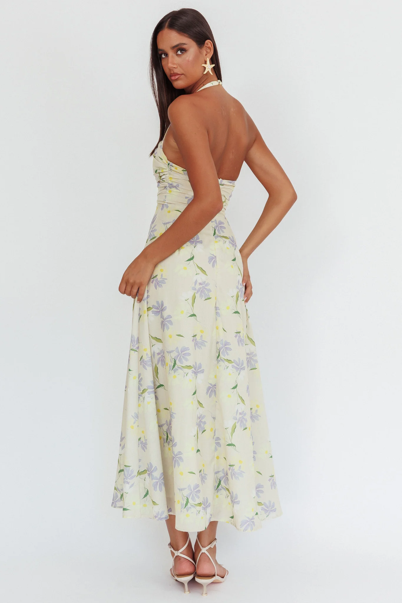 Auriana Asymmetric Neckline Halter maxi Dress Floral Lemon - Sonourner