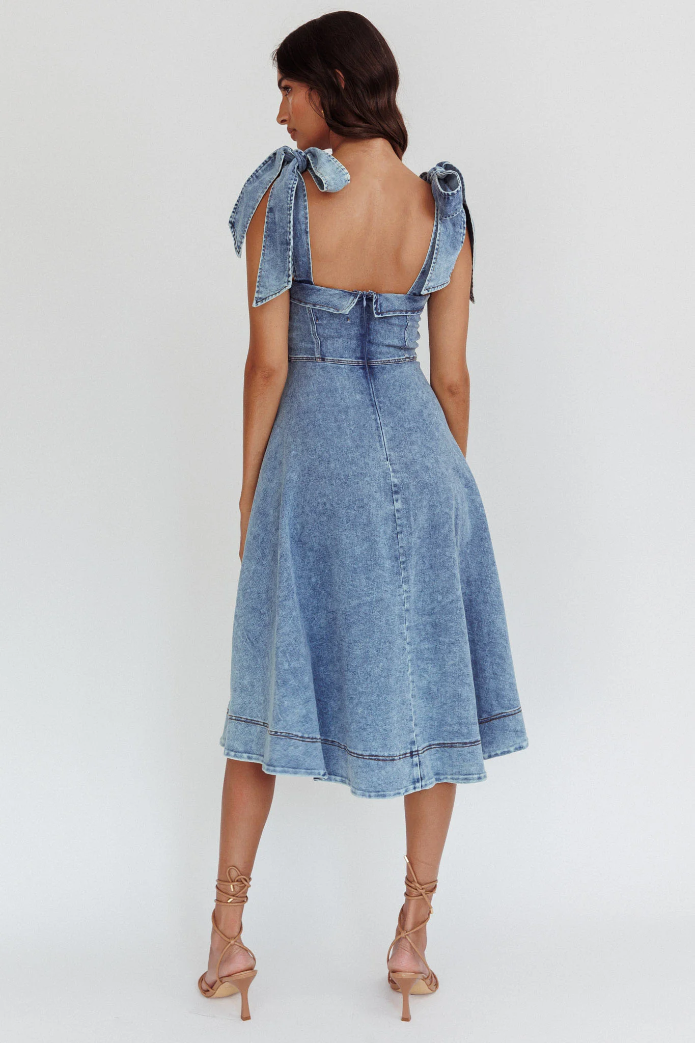 Jeanie Bow Shoulder Midi Dress Wash Denim Blue - Sonourner