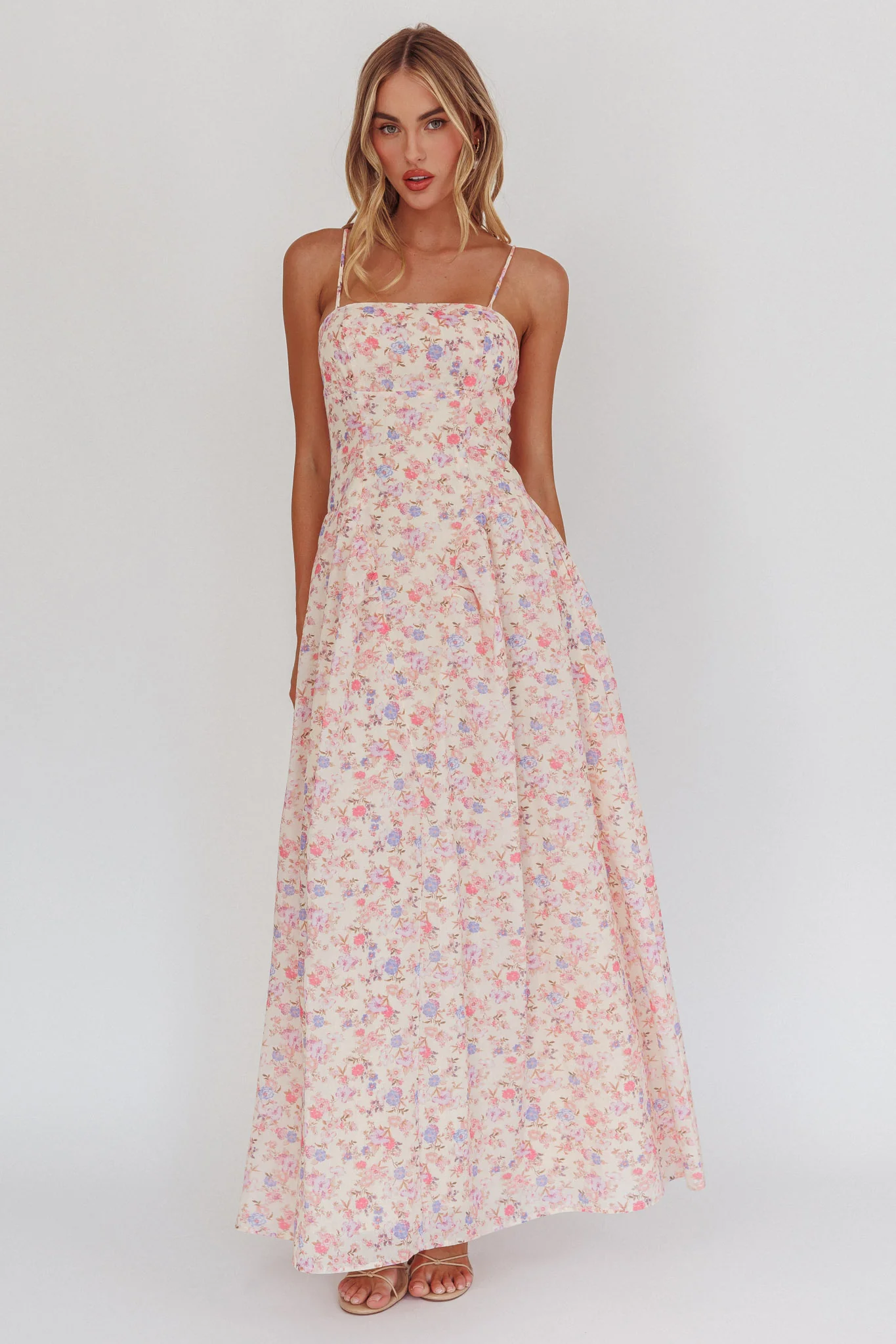 Daisy Day Basque Waist Maxi Dress Floral Blue - Sonourner