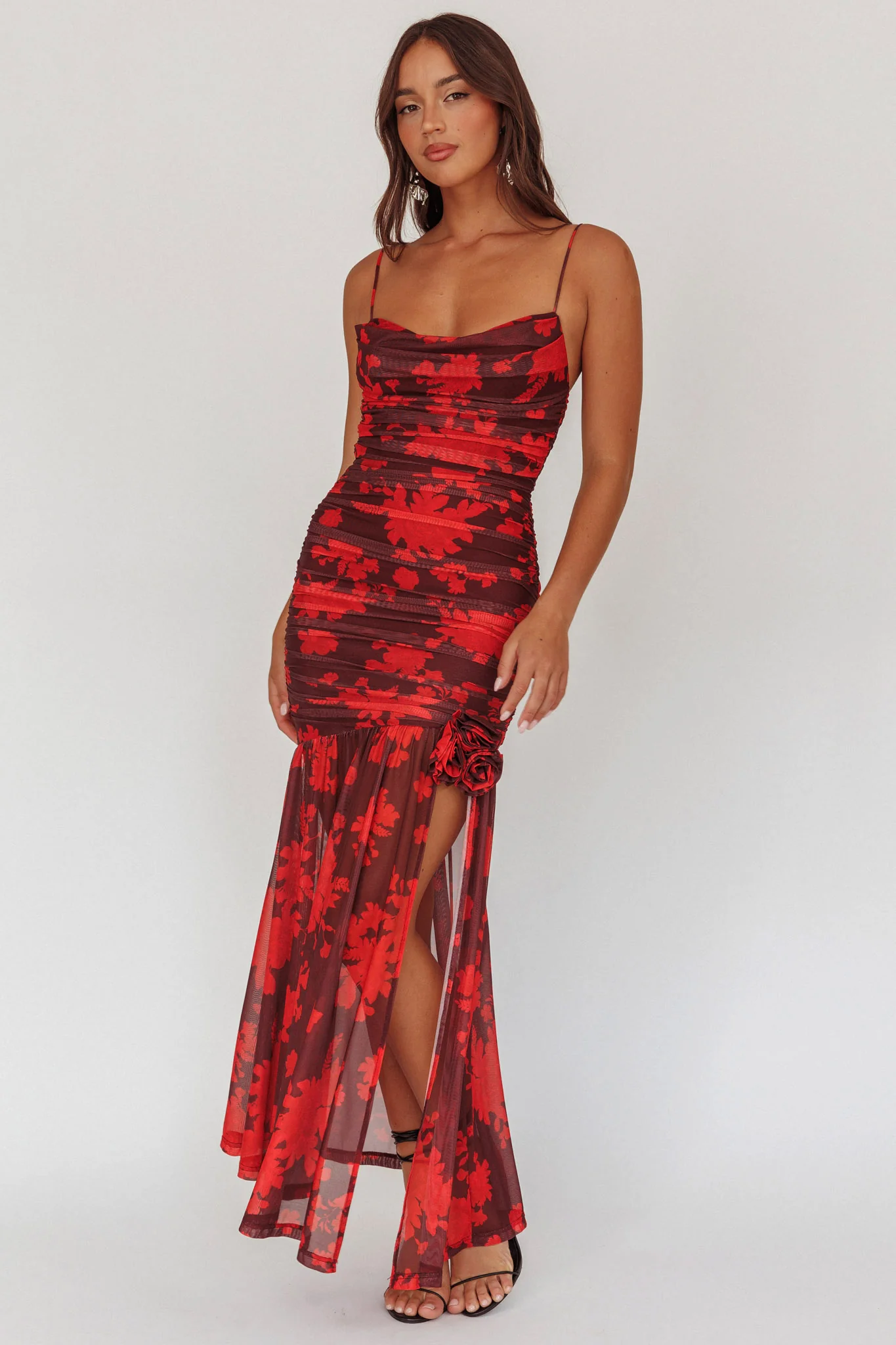 Stole The Show Ruched Mesh Maxi Dress Floral Red - Sonourner