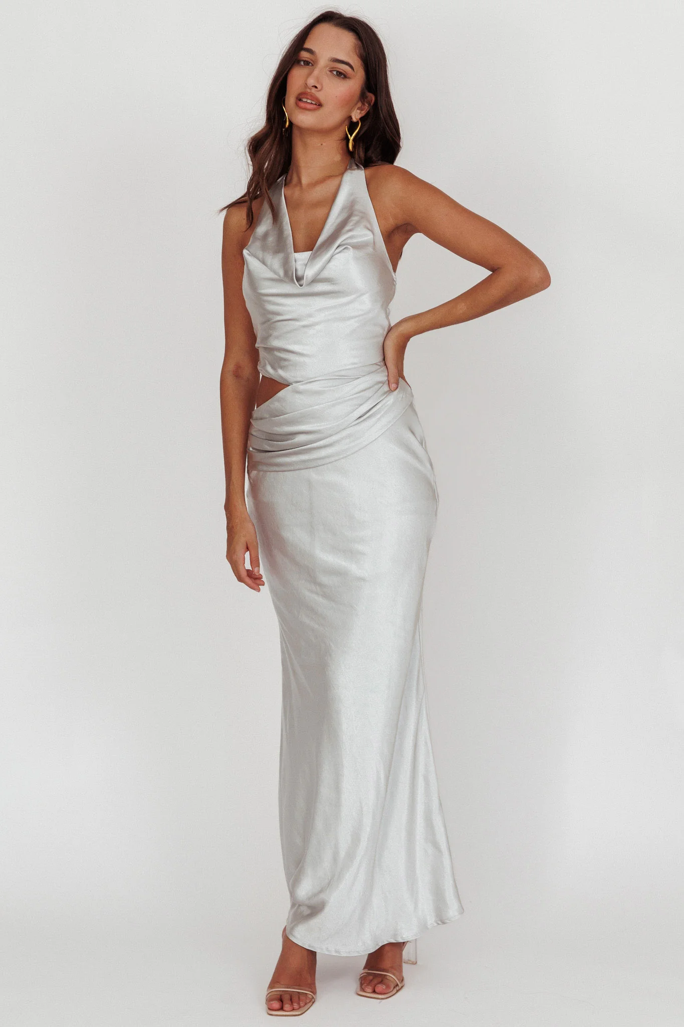 Cassiopeia Cowl Halter Neck Cut Out Maxi Dress Opal - Sonourner