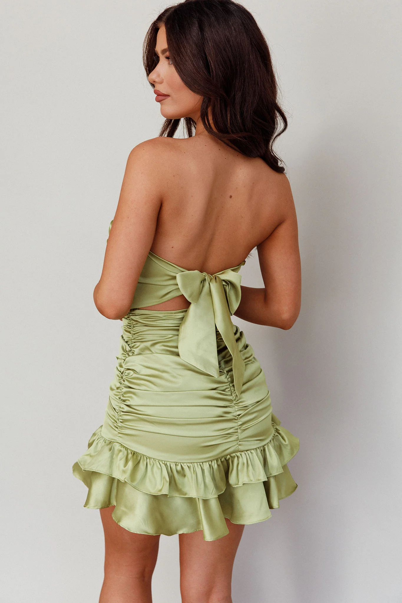 Annabella Strapless Tied Back Frill Hem Mini Dress Olive - Sonourner