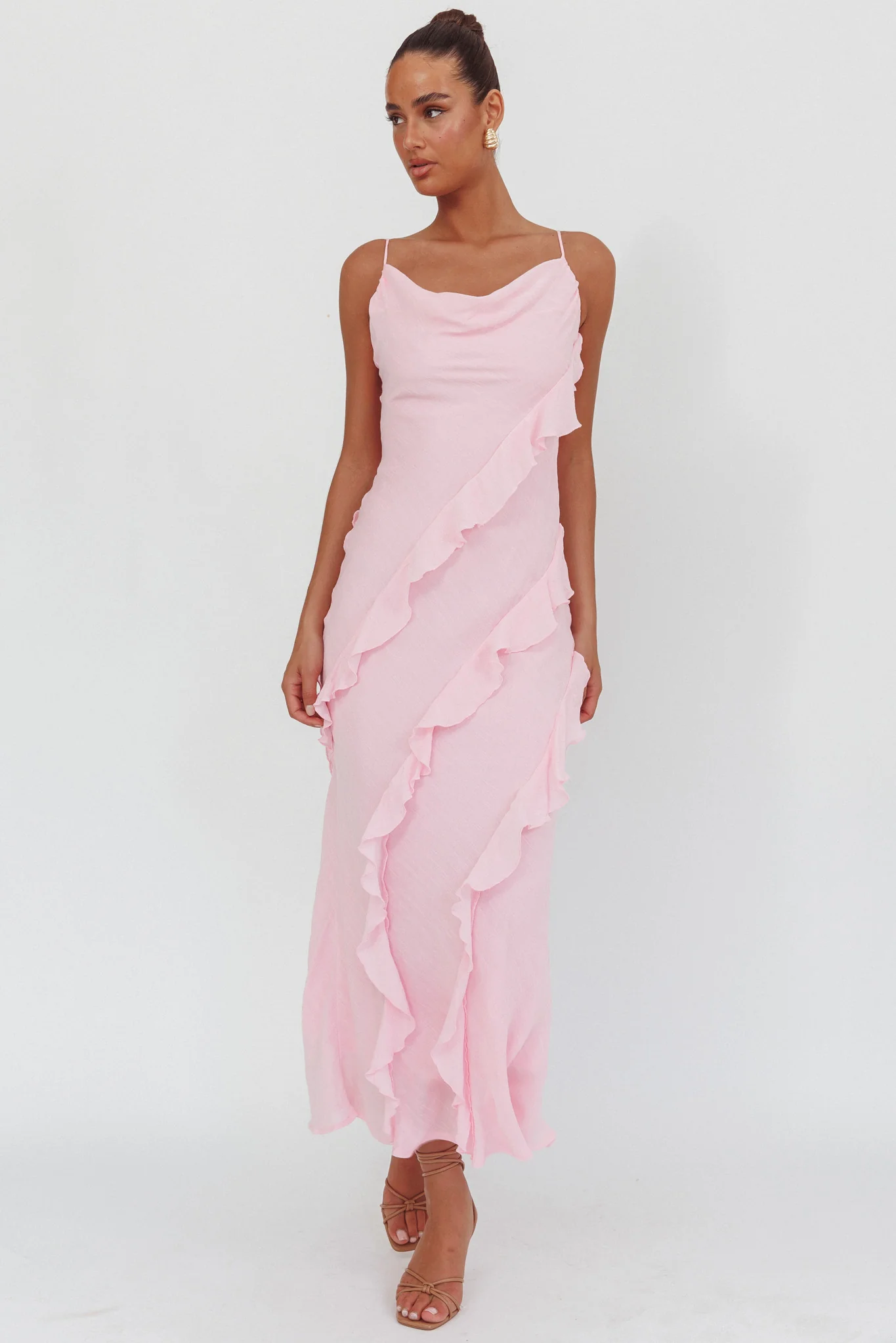 Panama Bay Ruffle Trim Cowl Neck Maxi Dress Pink - Sonourner