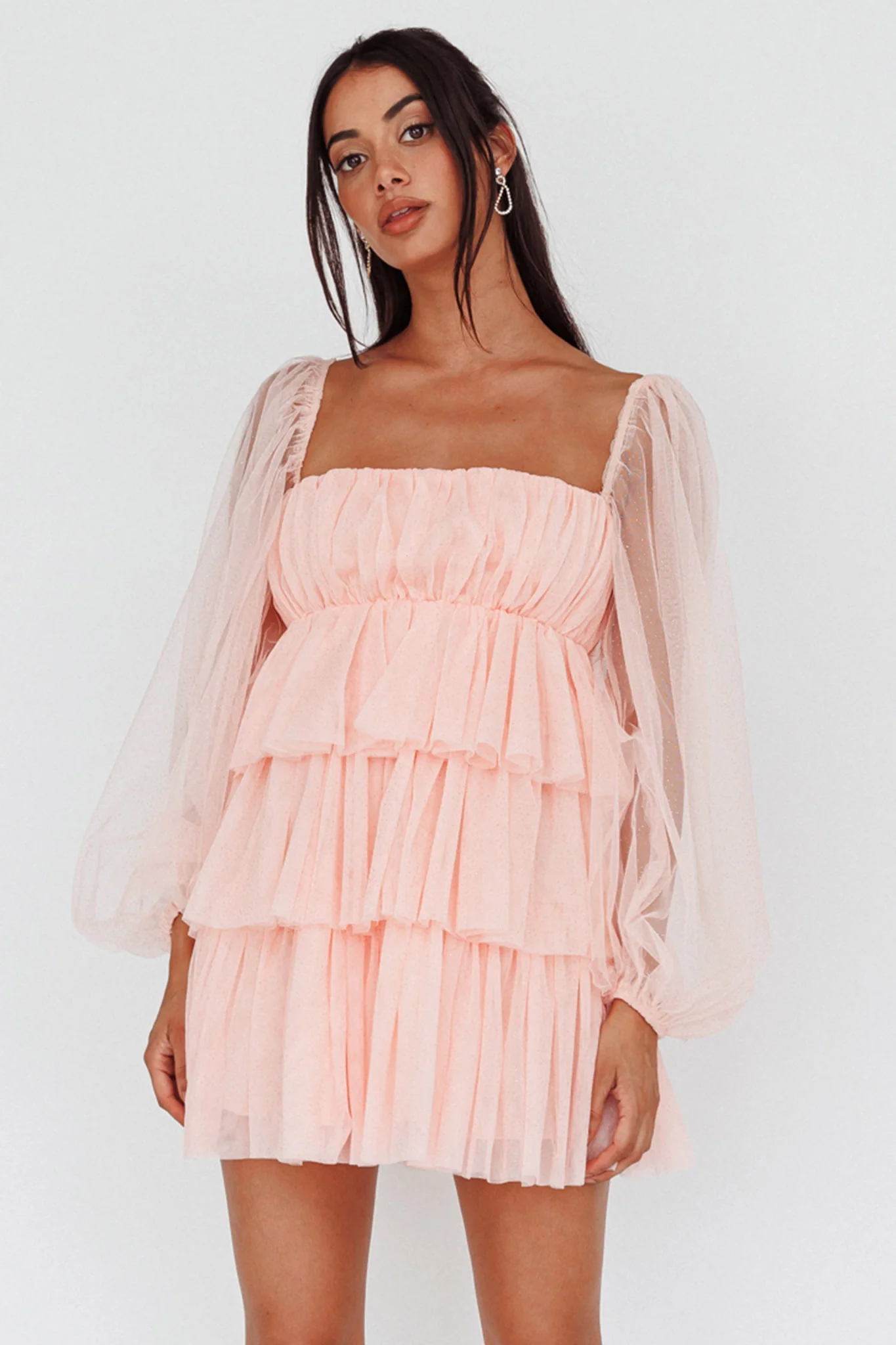 Spring Morning Long Sleeve Tiered Mini Dress Pink - Sonourner