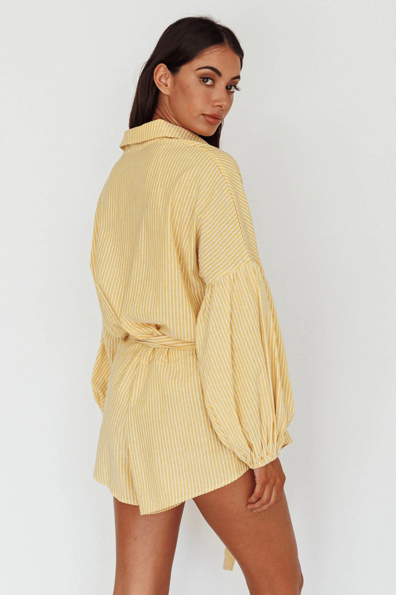 Daytona Beach Long Sleeve Shirt Romper Yellow Stripe - Sonourner
