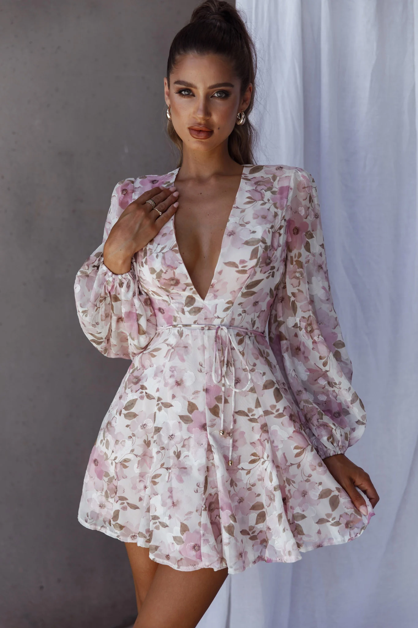 Estelle Long Sleeve V-Neckline Dress Watercolor Floral Print Rose - Sonourner