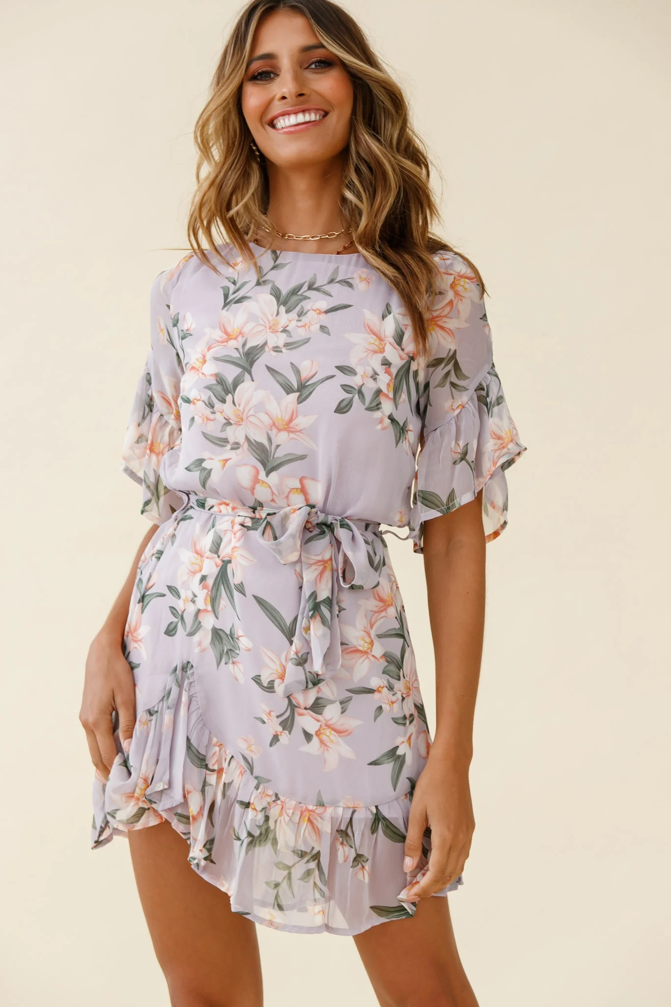 Azealia Ruffle Hem Dress Flower Print Purple - Sonourner