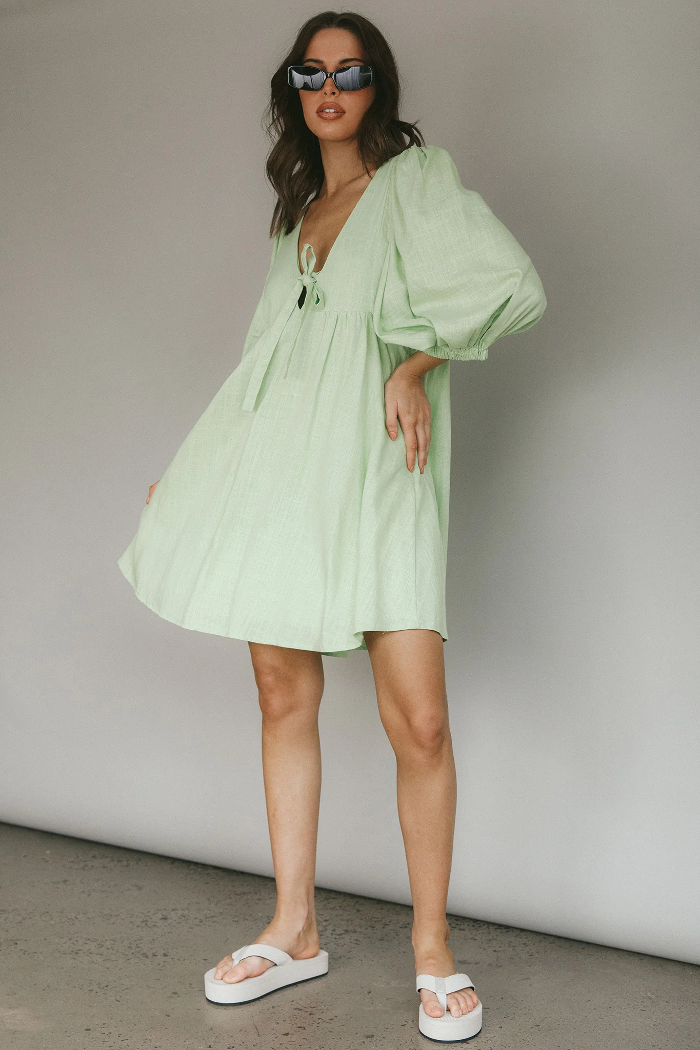 New Haven Puff Sleeve Swing Dress Lime - Sonourner