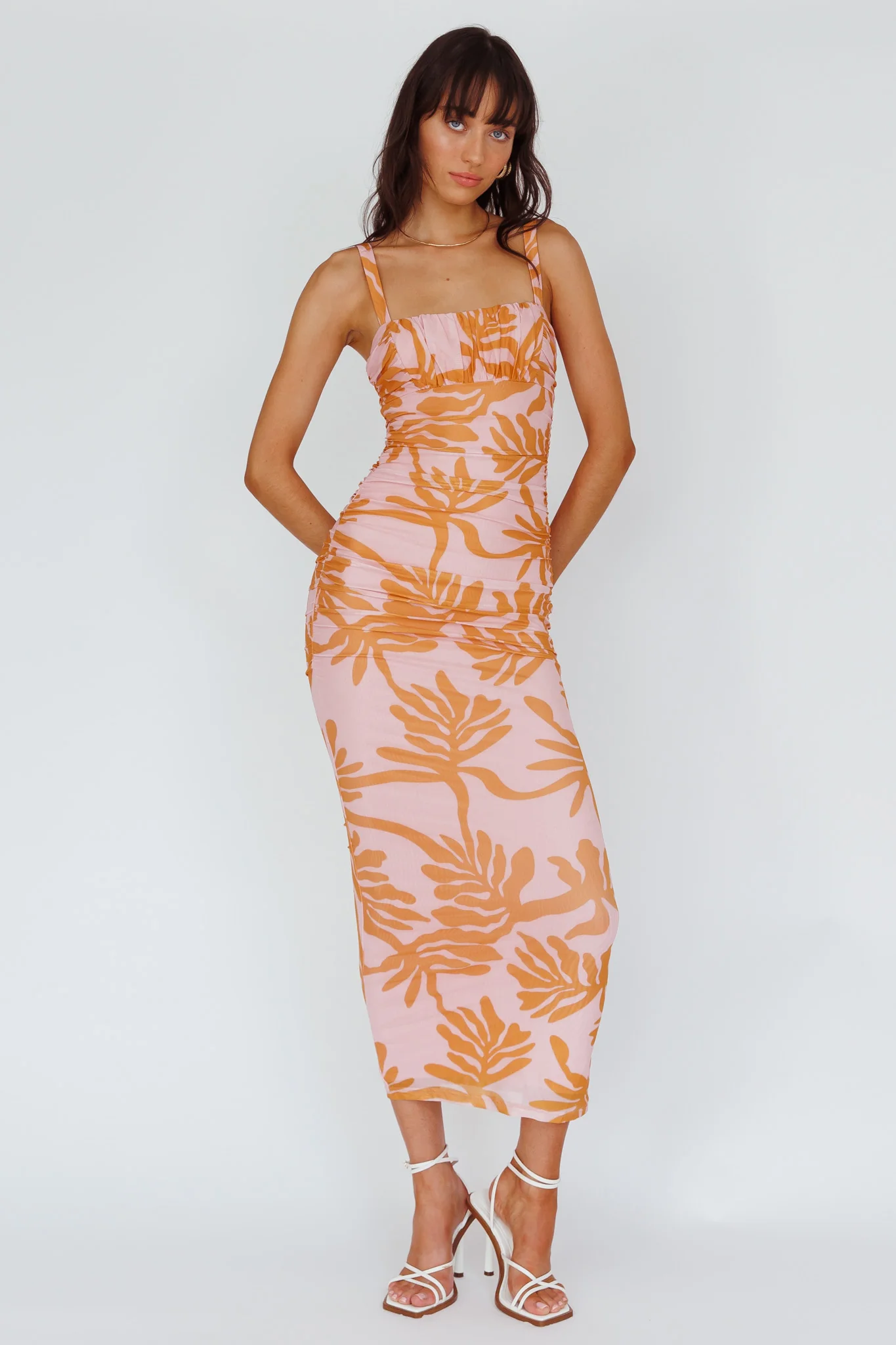 Hawaiian Sun Ruched Bust Midi Dress Print Pink - Sonourner