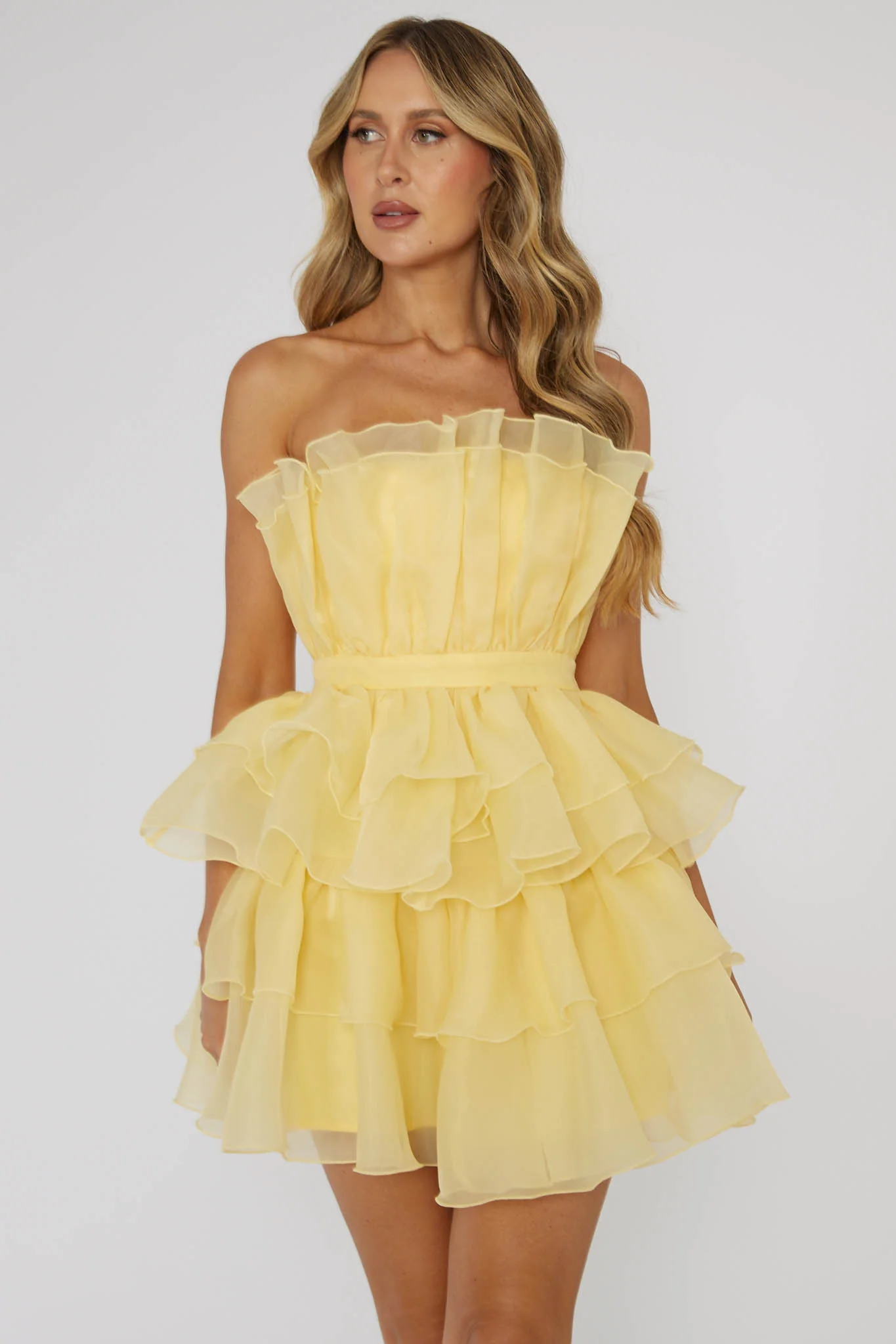 Bon Bon Tiered Chiffon Mini Dress Yellow - Sonourner
