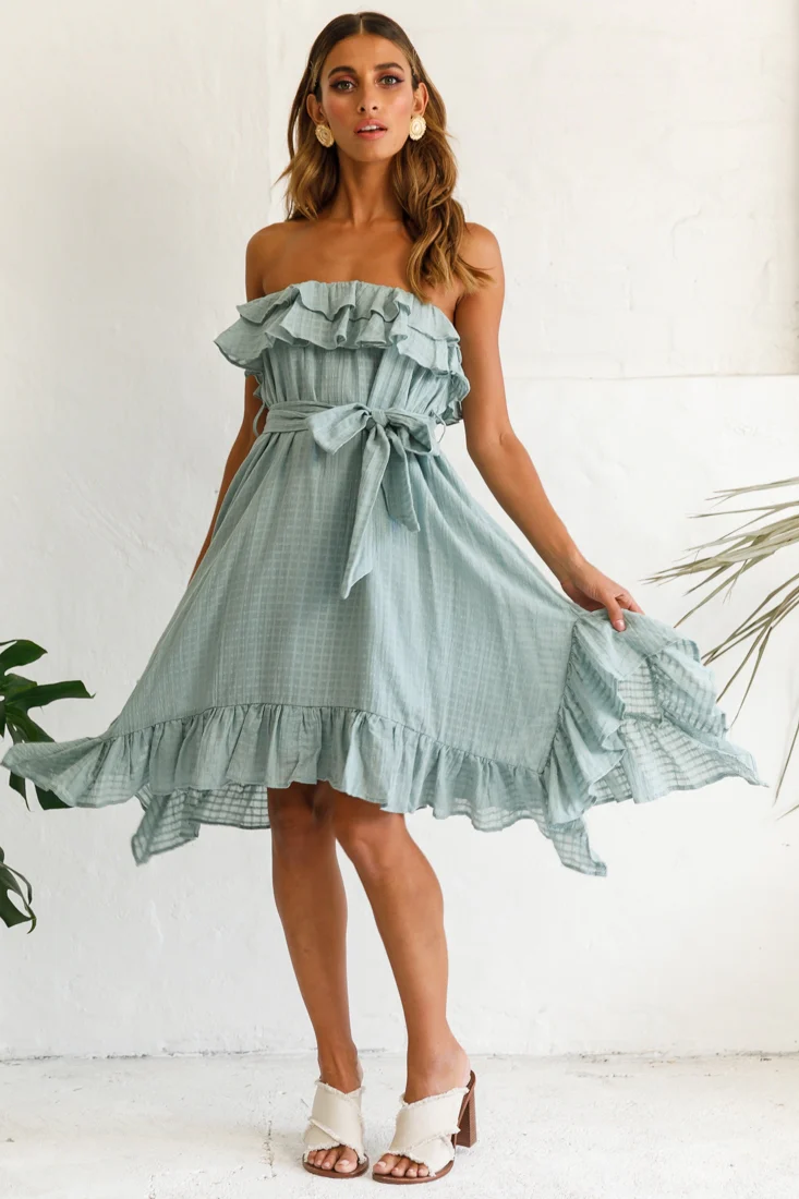 Miffy Double Frill Strapless Midi Dress Sage - Sonourner