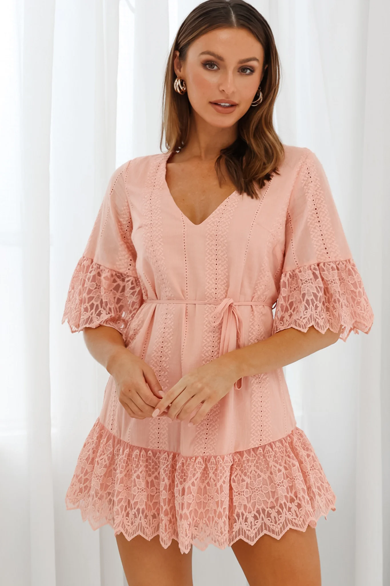 Karissa Lace Trim Waist Tie Tunic Dress Blush - Sonourner