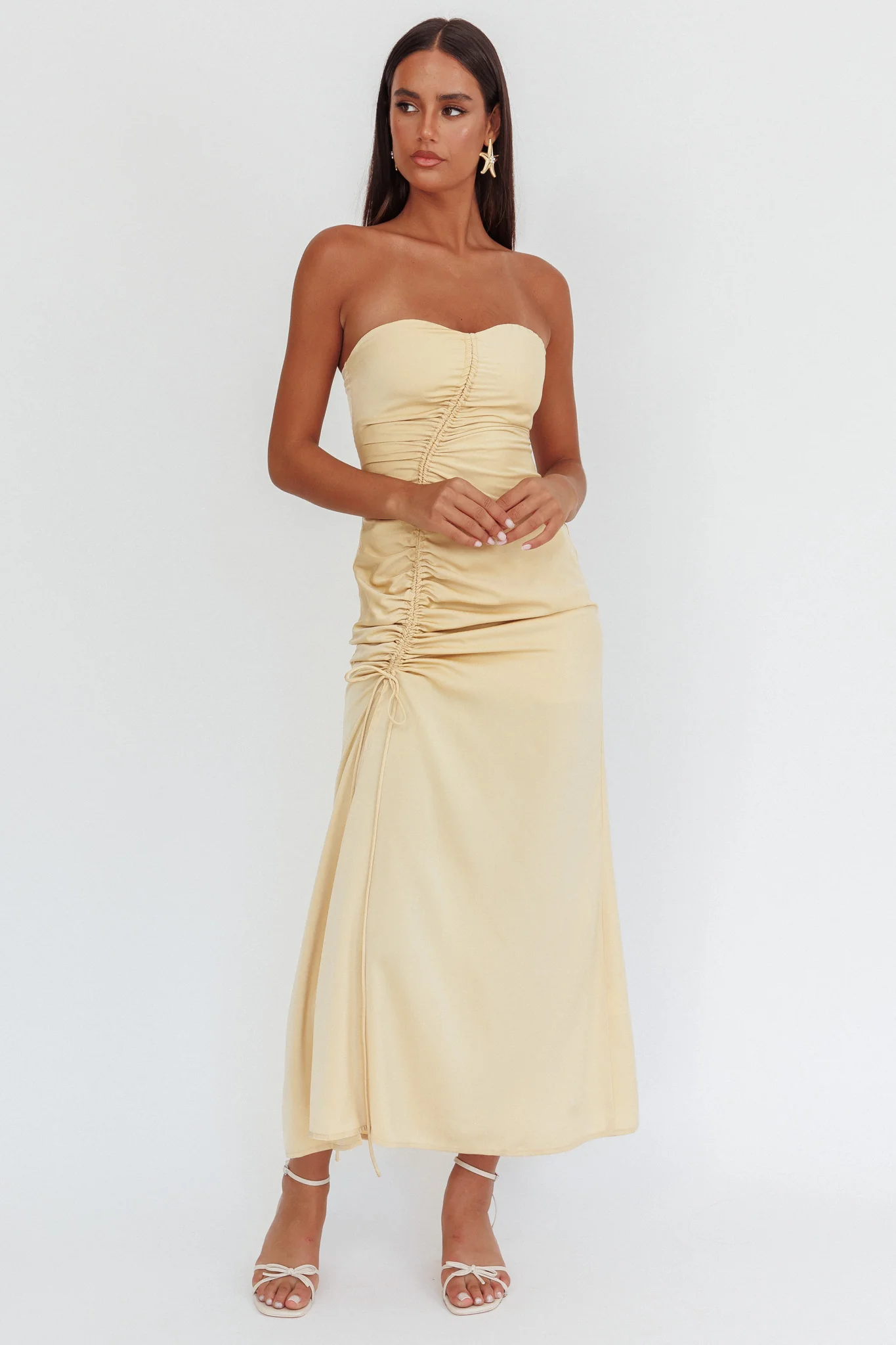 Molinda Strapless Ruched Drawstring Maxi Dress Golden - Sonourner
