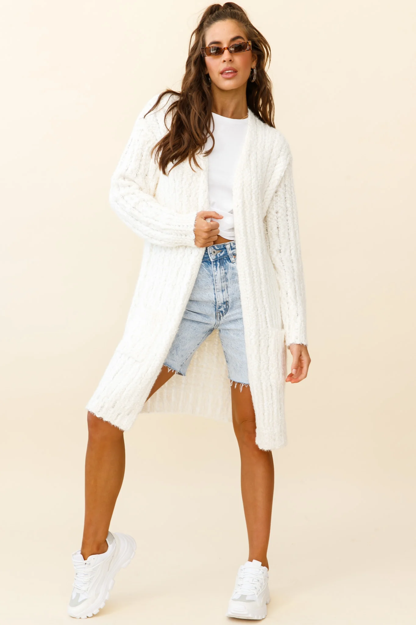 Fredricka Long-Line Knit Cardigan White - Sonourner