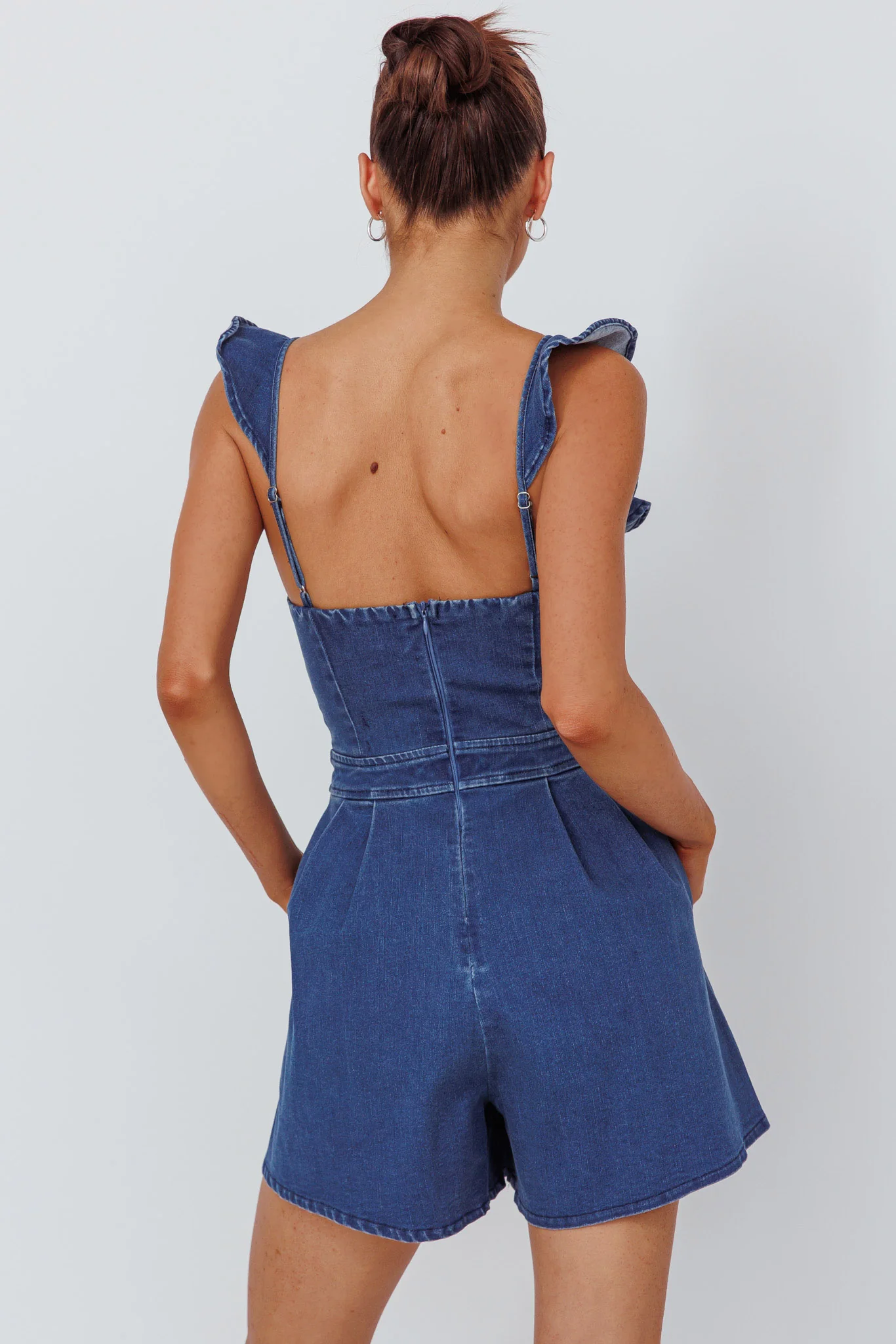 Nola Flared Ruffle Romper Light Denim - Sonourner
