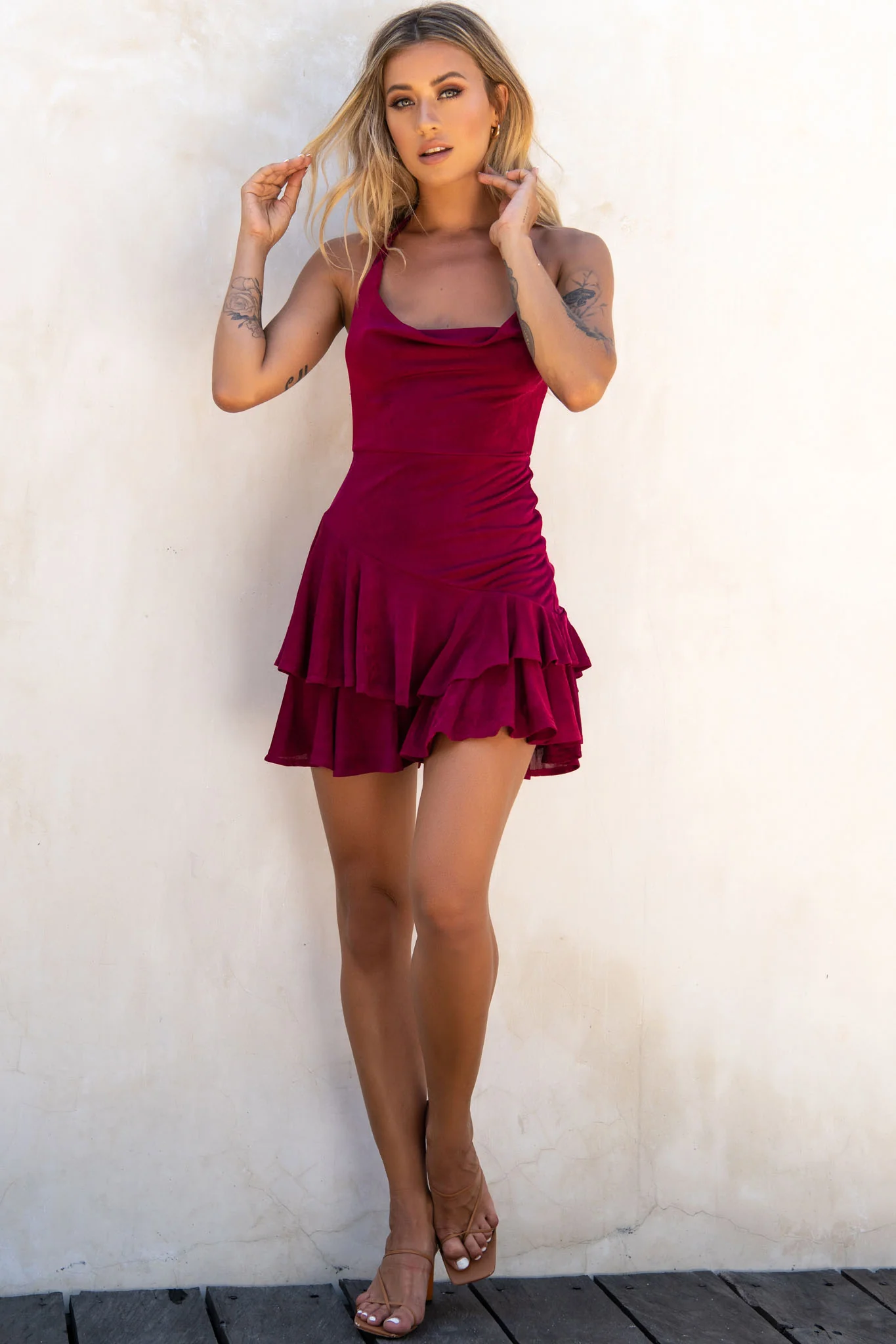 Bring On The Night Cowl Halterneck Dress Plum - Sonourner