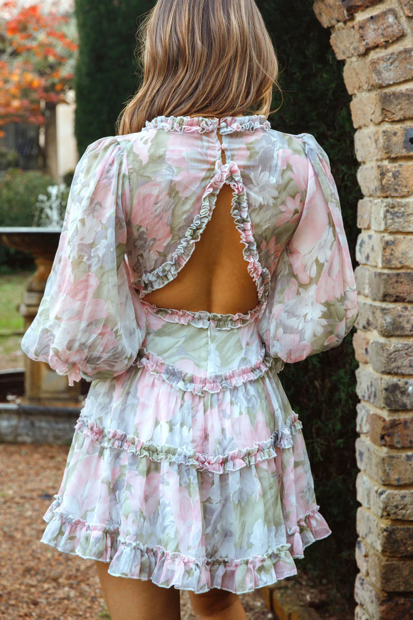 Laney Cutout Back Ruffle Trim Dress Watercolor Floral Print Pink - Sonourner