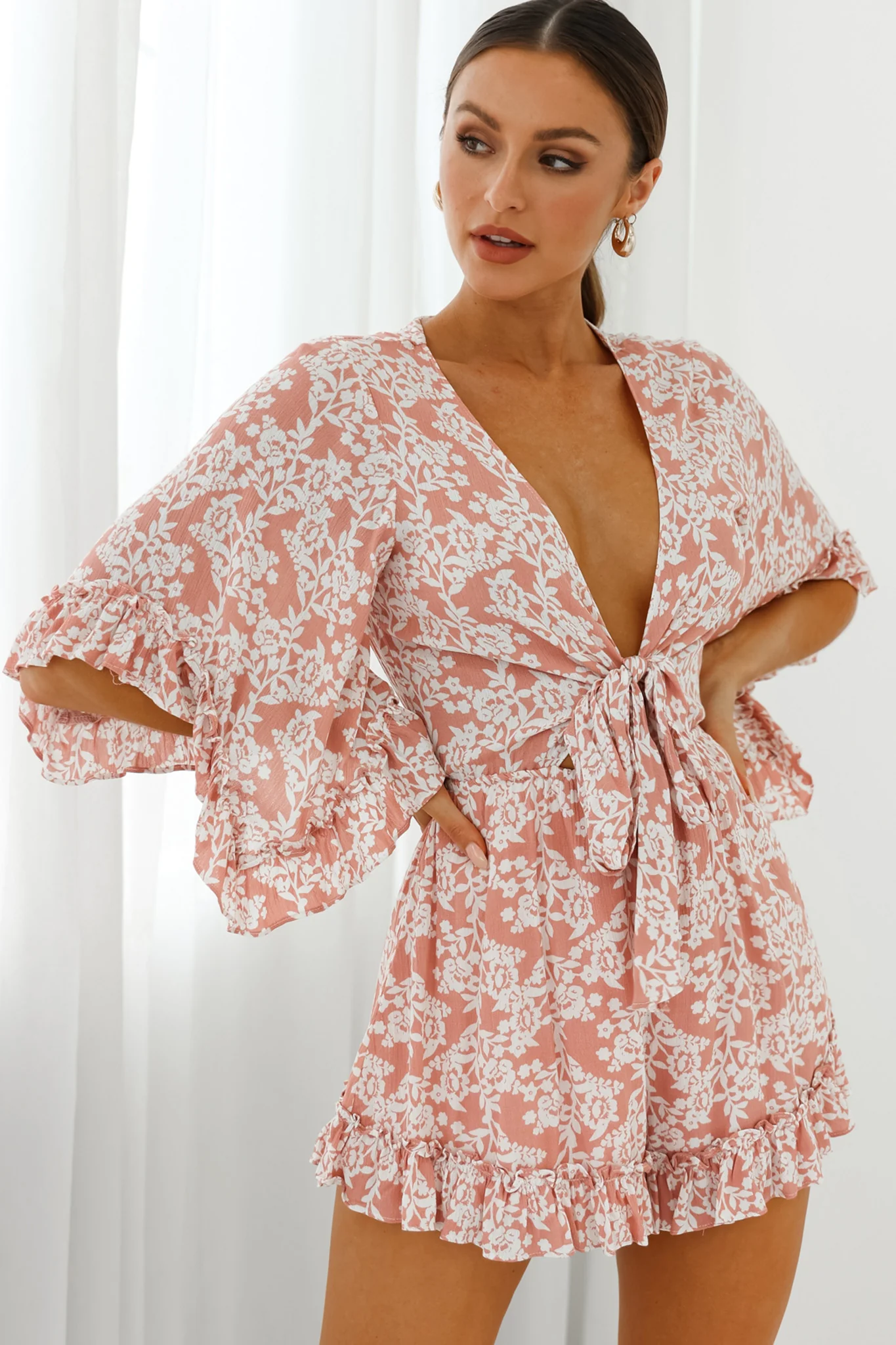 Athira Tied Bust Flared Sleeve Romper Floral Stencil Print Pink - Sonourner