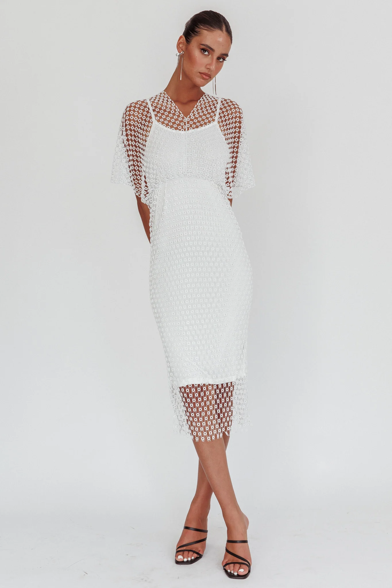 Astra Diamante Fishnet Midi Dress White - Sonourner