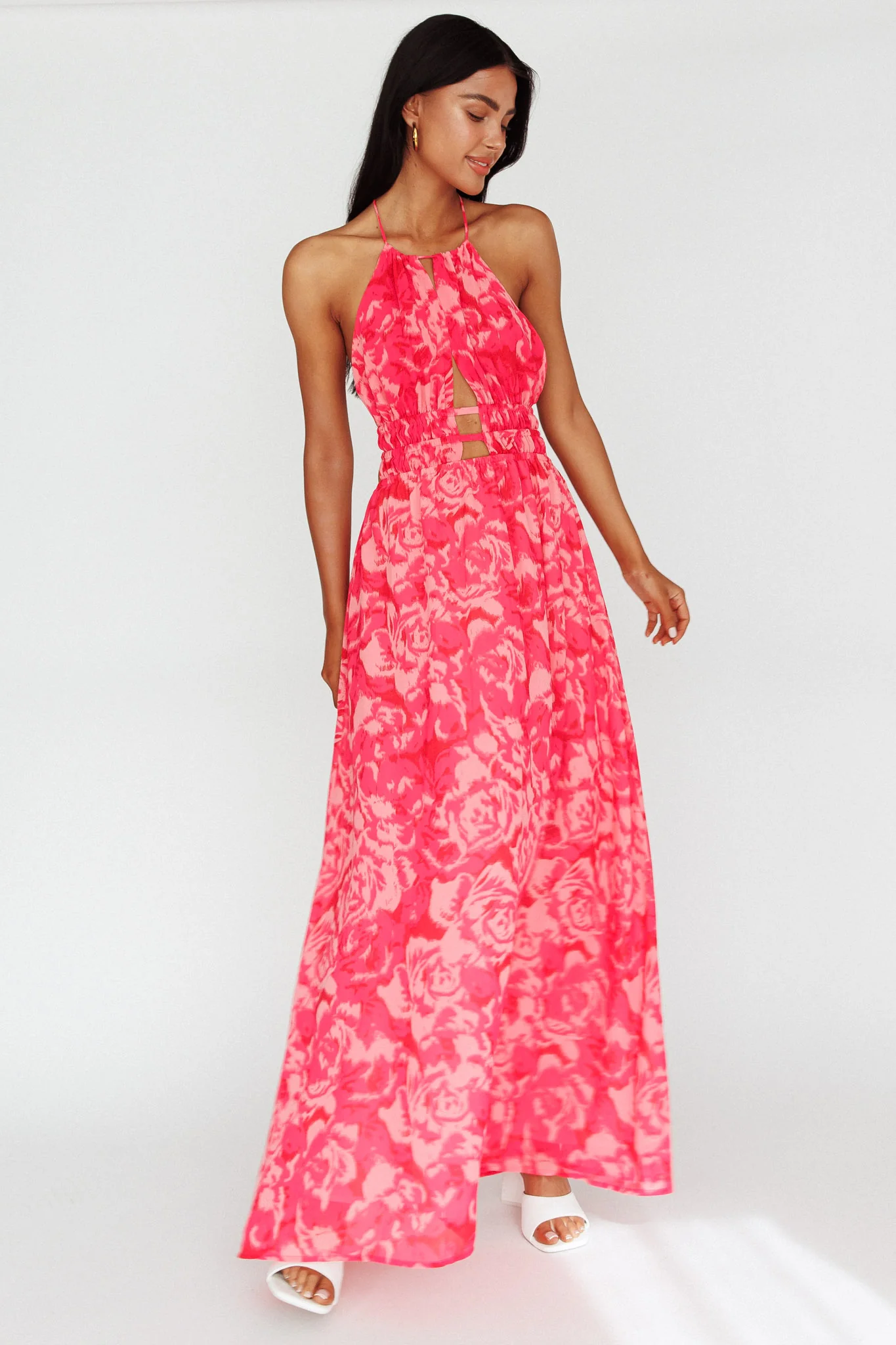 Cyndi Open Back Halterneck Maxi Dress Floral Pink - Sonourner