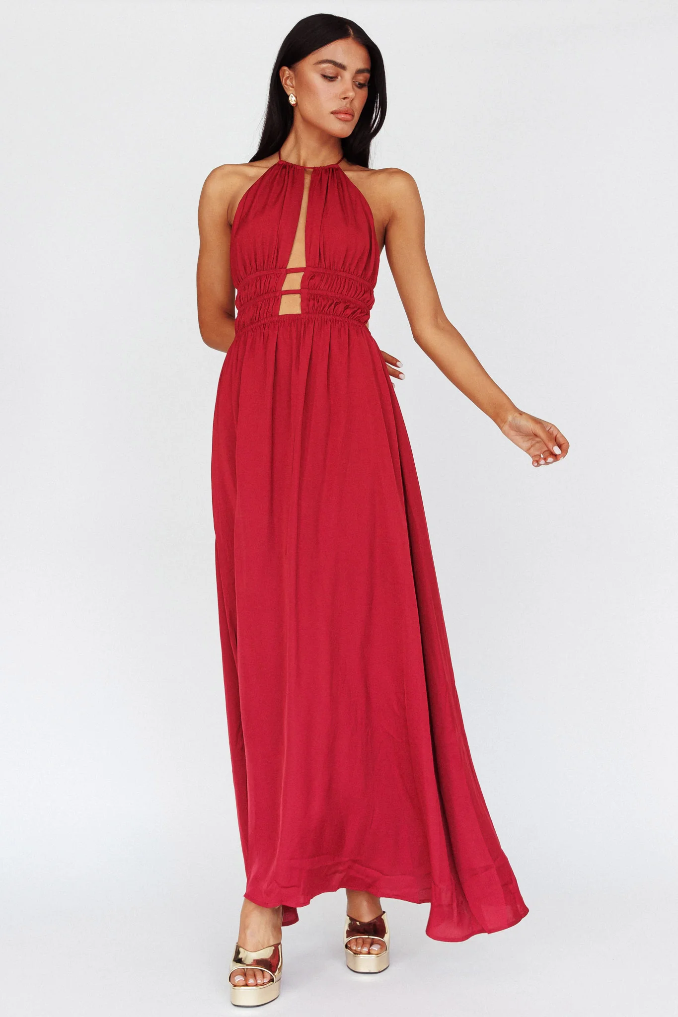 Cyndi Open Back Halterneck Maxi Dress Wine - Sonourner