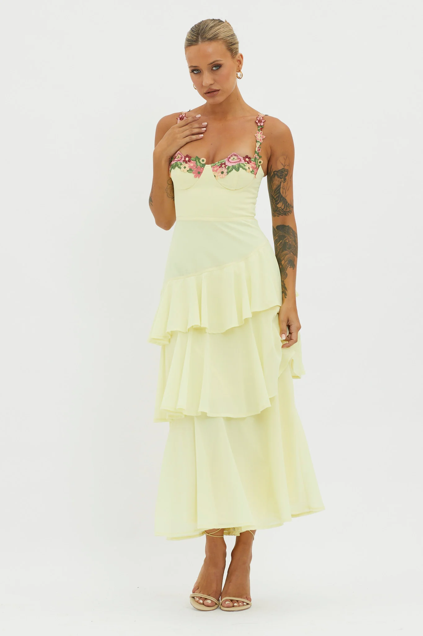 Rose Garden Tiered Ruffle Floral Trim Dress Lemon - Sonourner
