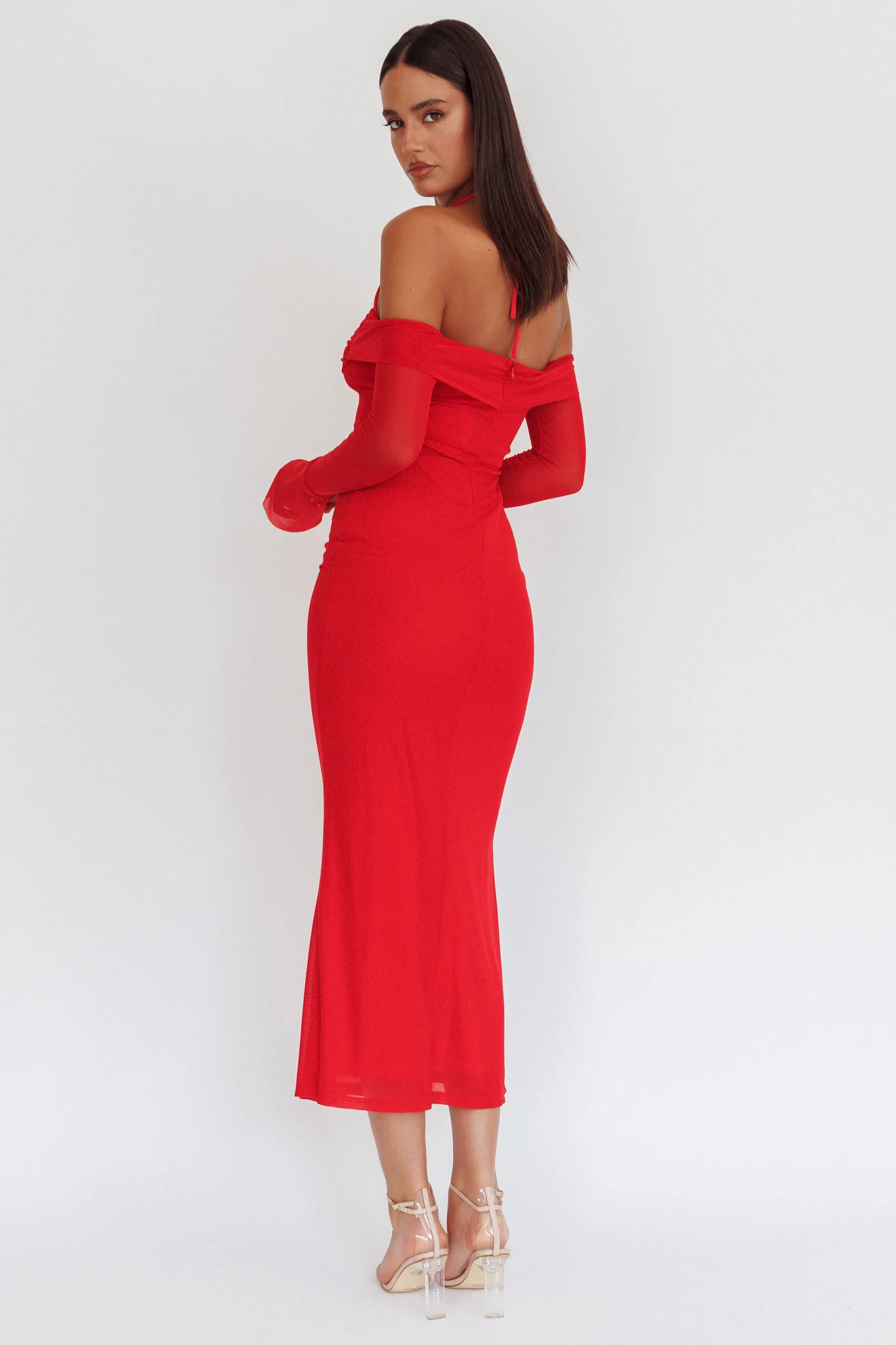 Numbers Game Off-Shoulder Halter Maxi Dress Red - Sonourner