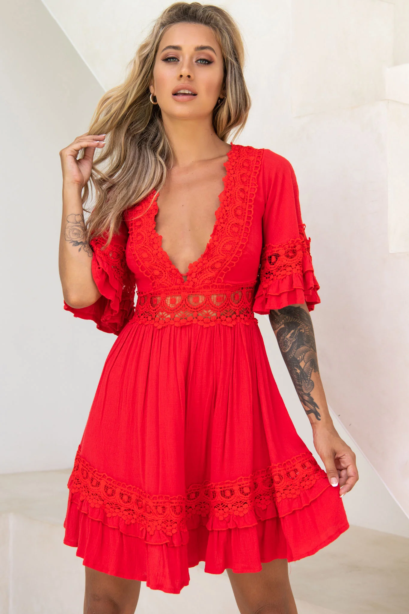 Kauai V-Neckline Crochet Lace Trim Dress Red - Sonourner