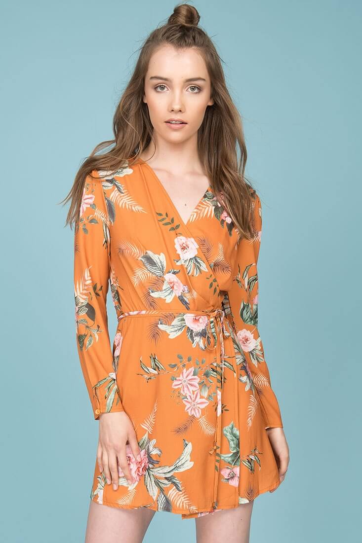Aryanna Floral Wrap Dress Orange Mustard - Sonourner